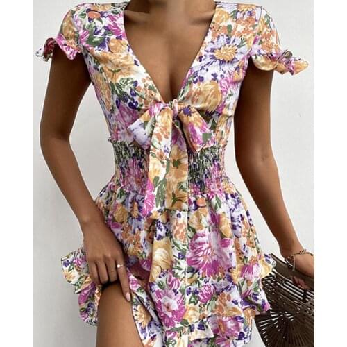 Women Dress Floral Print Irregular Skirt Mini Ladies Ruffle Sexy Dress for Party