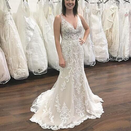 Vestido De Noiva Sexy Mermaid Wedding Dress Backless V neck Lace Bodice Beaded Custom Made Bridal Gown robe de mariee