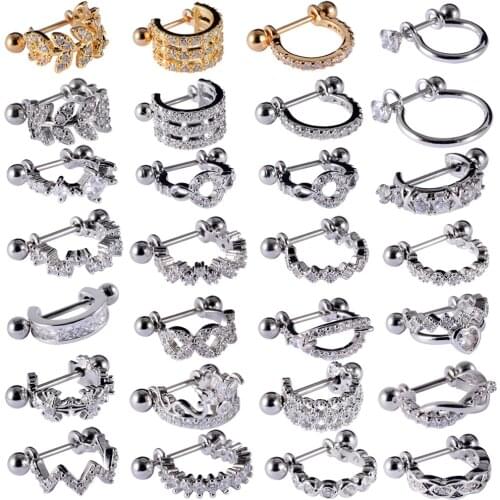 10pcs Surgical Steel Barbell CZ Gem Hoop Ear Tragus Cartilage Helix Earrings Ear Studs Ear Cuff Rook Woman Lobe Piercing Jewelry