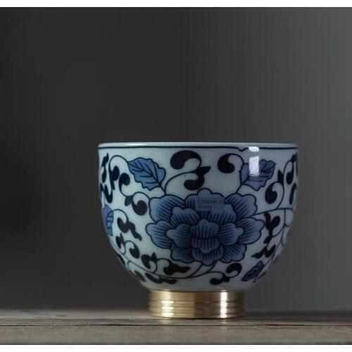 Blue Pattern Copper Sole Teacup Ceramic Teacup Large Retro Master Cup Personal Single Cup Kombucha Cup Ceramic Teacups