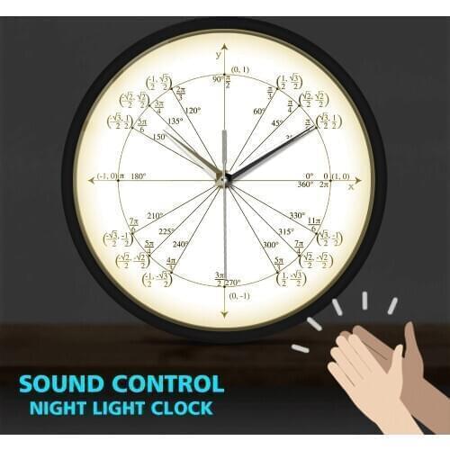 Mathematical Metal Frame LED Wall Clock Sound Control Trigonometry Pre Calculus Decor Watch Radian Labeled Angles Value Wall Art