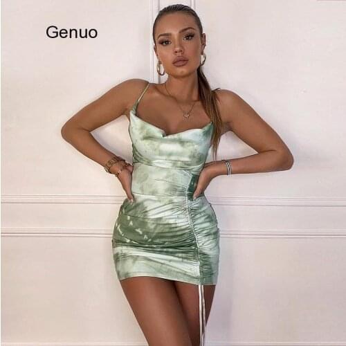 Sleeveless Ruched Bandage Tie Dye Print Sexy Mini Dress Summer Women Fashion Streetwear Outfits Sundress