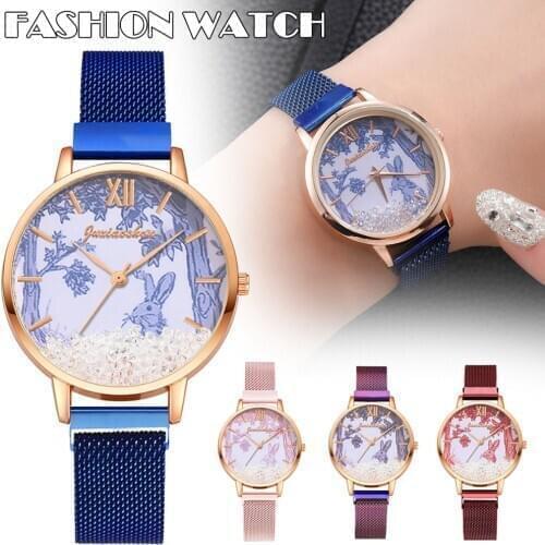Fashion Quartz Watch Alloy Mesh Strap Cartoon Printed Round Dial Casual Watch for Women Girls H9