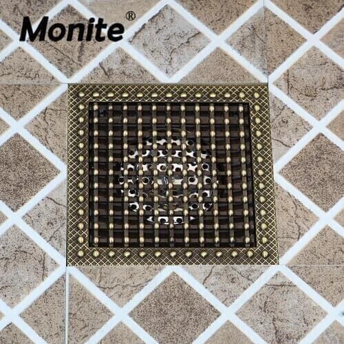 Monite Antique Brass Square Floor Waste Grates Bathroom Shower Drain 15cm Floor Drain Antique Fltro Ducha Drain Hair Invisible
