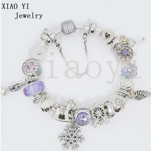 XIAOYI 2020 New 100% S925 Purple Snowflake Ferris wheel feather Crown fish flower Key cat eye fashion DIY bracelet female