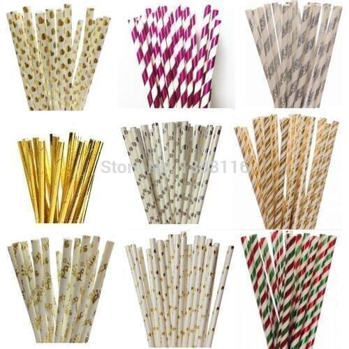 25pcs Foil Silver Glitter Stripe Paper Straws For Baby Shower Wedding Party Kids Birthday Party Decoration Supplies