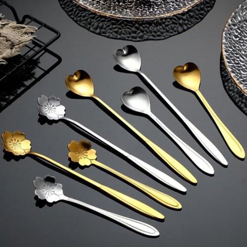 Drink Tableware Long Handle Mixing Spoon Teaspoons Cream Spoon Flower Shape Spoon Stainless Steel Dessert Tea Coffee