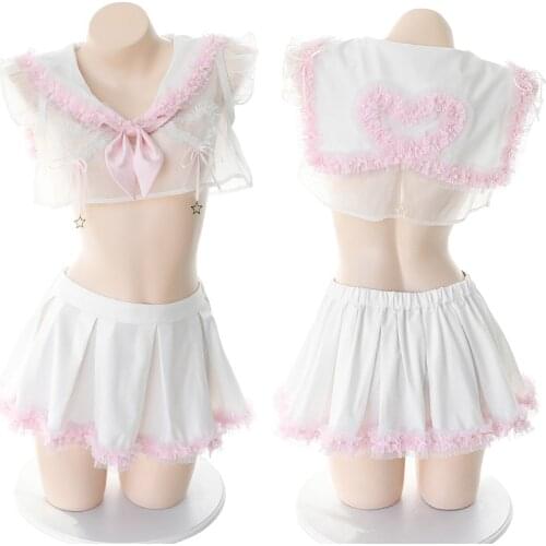 Lolita Pink Heart Sailor Perspective Underwear Anime Cosplay Costume Cute School Girl Uniform Outfit Sexy Kawaii Lingerie Set