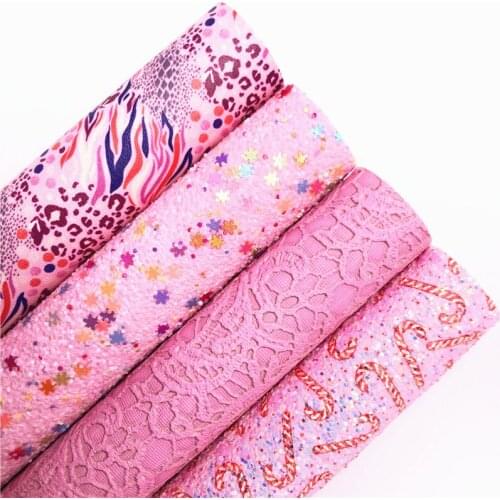 Snowflakes Chunky Glitter Leather Fabric Candy Canes Printed Glitter Leather Lace Embossed Leather For BOWS DIY 21X29CM G543