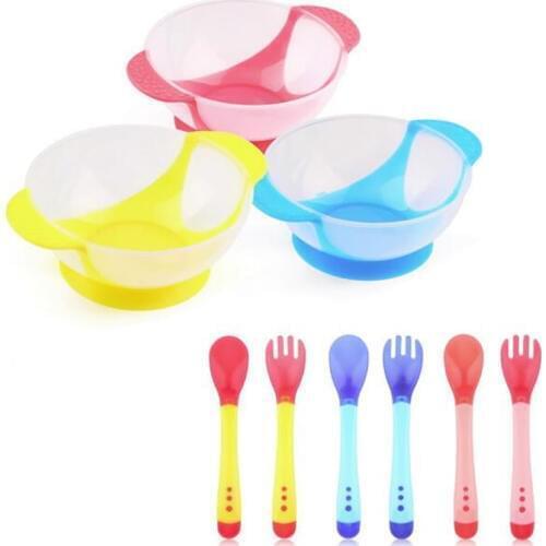 Dinnerware Sensing Temperature Toddlers Plate for Children Tableware Kids Soup Round Sucker Bowl Plates Bowls Spoon Fork
