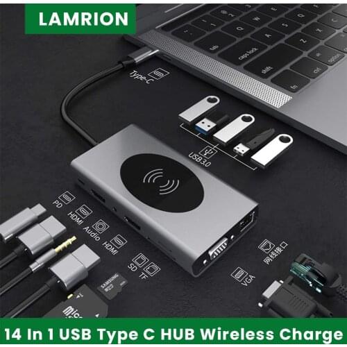 15/14 in 1 USB C HUB Type C to USB 3.0 HUB HDMI-compatible with Wireless Charge TF SD Audio RJ45 for Macbook Pro Laptop