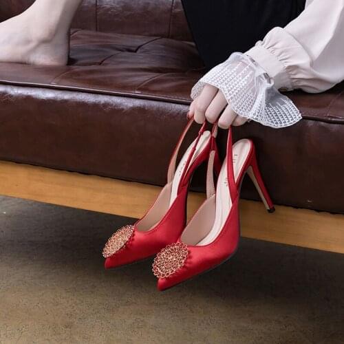 Spring satin pointed toe rhinestone round buckle stiletto heels large size small size banquet dress female sandals 31-44