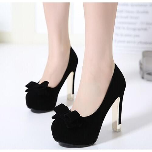 High Heels Chunky Shoes Woman Platform Pumps Round Toe Shallow Chaussure Mujer Work Shoes 12CM Thick Heel Butterfly W21-62