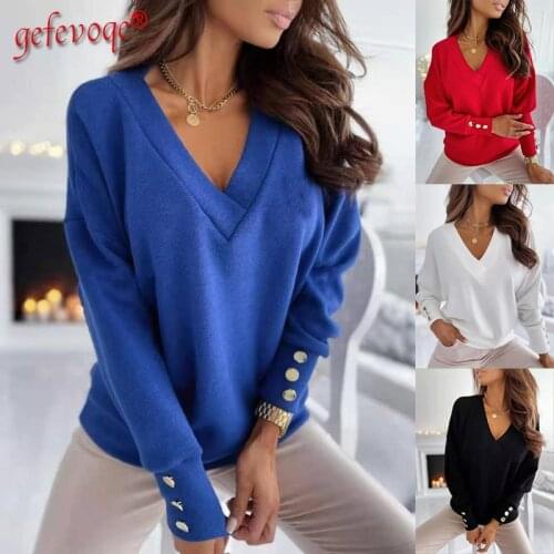 Autumn & Winter Fashion Long Sleeved Women Knitwear Casual Office Lady Sweater V-Neck Streetwear Solid Button Sleeve Pullovoers