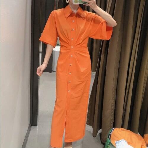 2021 Women Chic Fashion Button-up Draped Midi Shirt Dress Vintage Short Sleeve Side Zipper Female Dresses Vestidos