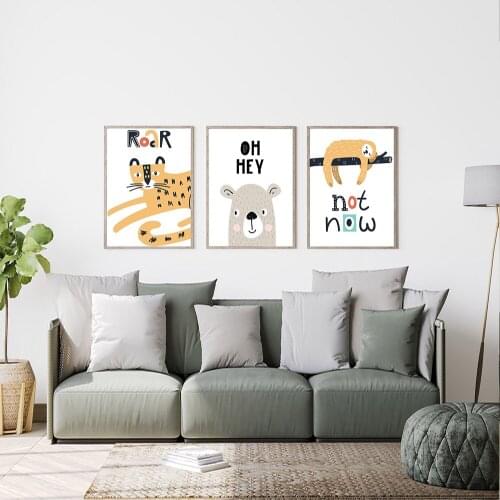 Children Animal Wall Art Pictures, Lion, Sloth, Bear, Oh Hey, Nursery Decor,Poster,Canvas Painting Kids Room