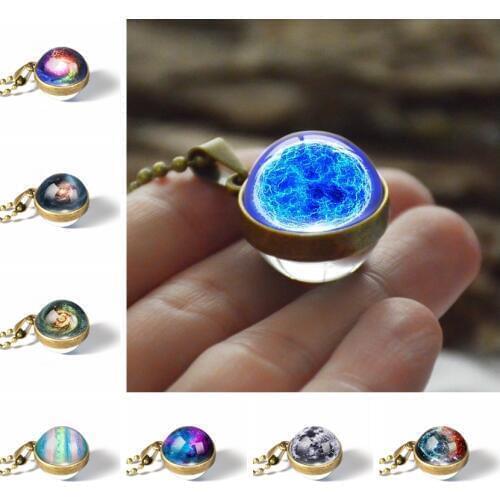 2019 New Fashion Universe Galaxy Planet Double Sided Glass Ball Pendant Necklace Jewelry Statement Necklace Creative Gift