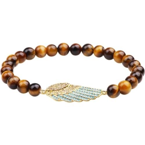 FYJS Unique Jewelry Light Yellow Gold Color Angel Wing with Cubic Zirconia Tiger Eye Stone Round Beads Bracelet