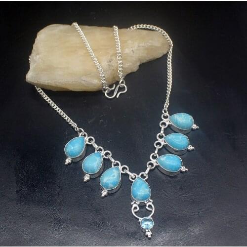 Hermosa Jewelry Fashion Charm Natural BlueJasper Topaz Gorgeous Silver Color Women Pendant Necklace Chain 44cm 20213437