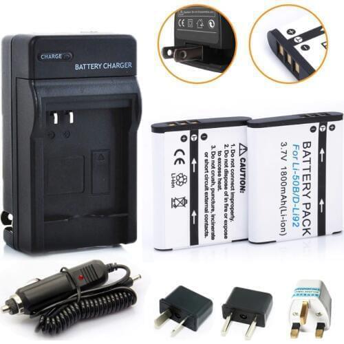 HIBTY Wholesale 2pcs 1800mAh Li-50B D-LI92 Li-ion camera Battery + Charger + Plug Adapter For Olympus 1020 1010 1030 Pentax X70