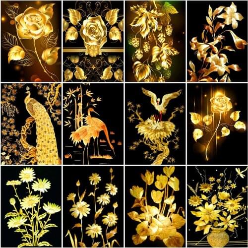 HUACAN 5D DIY Diamond Painting Gold Flower Diamond Embroidery Peacock Cross Stitch Mosaic Wall Home Decoration