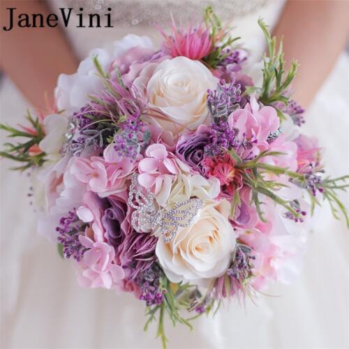 JaneVini 2019 Pink Peony Purple Wedding Flowers Bridal Bouquets Silk Rose Lace Crystal Rhinestone Bride Bouquet Fleur Mariage