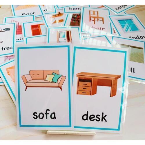 24pcs English Cognitive Flash Card Cartoon Furniture Daily Necessities Learning Word Cards Early Educational Memory Game For Kid