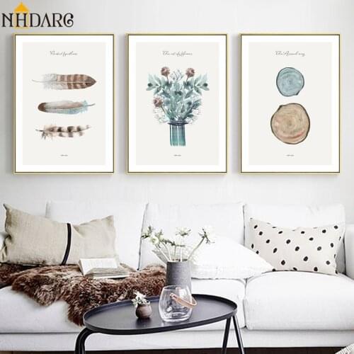 Nordic Feathers Vases Wooden Growth Rings Poster and Prints Canvas Art Painting Wall Pictures for Living Room Home Decor