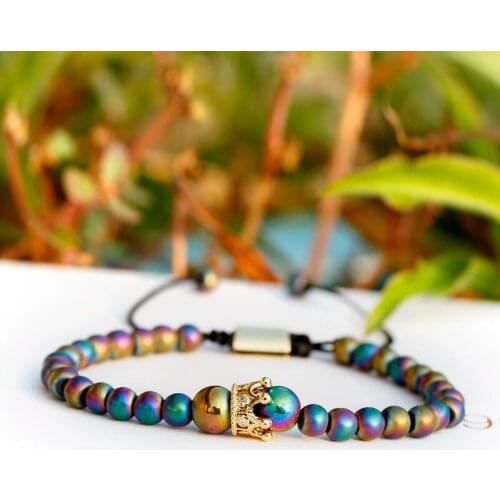 Classic Gold CZ Crown Copper Weaving Bracelet Men Fashion Hematite Beads Bracelet Homme Adjustable Dropshipping