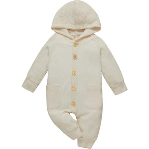 Baby Boy Romper Girl Clothes Knitted Long Sleeve One-Piece Hooded Rompers Newborn Solid Color Long Pocket Jumpsuit Infant Outfit