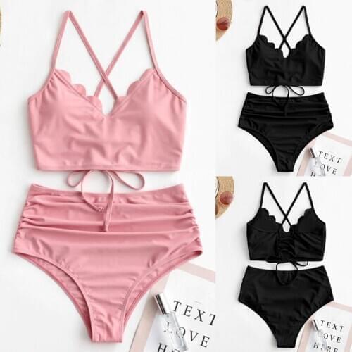 2021 Bikinis Set Women High Leg Swimming Suit Women Sexy Scalloped Lace-up Ruched Tankini Swimsuit Swimsuit Beachwear купальник