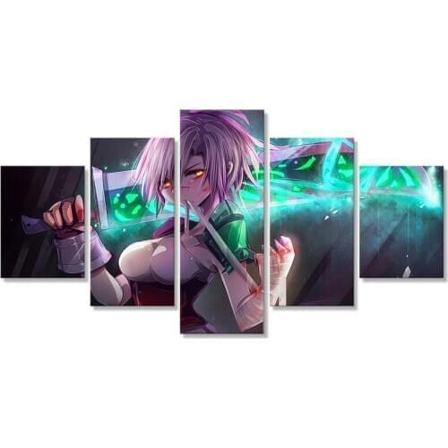 LoL Pink Hair Riven Woman Warrior Hd Prints Canvas Pictures 5 Pieces Painting Wall Art Poster Living Room Home Decoration