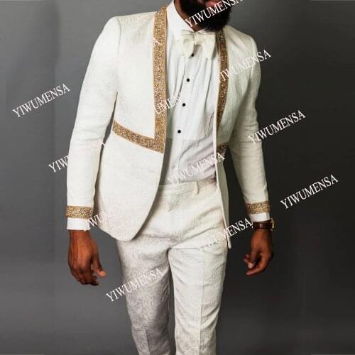 White/Ivory Jaqueta Masculina Men Suits Groomsman Beaded Lapel Jacket With Pants Slim Fit Wedding Tuxedos Terno Masculino 2021