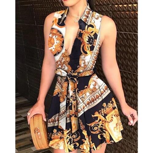 Button Open Front Printed Belted Pleated One-Piece Fashion Babydoll Casual A-lineskirt Weekend Knee Length Dress V-neck Dressing