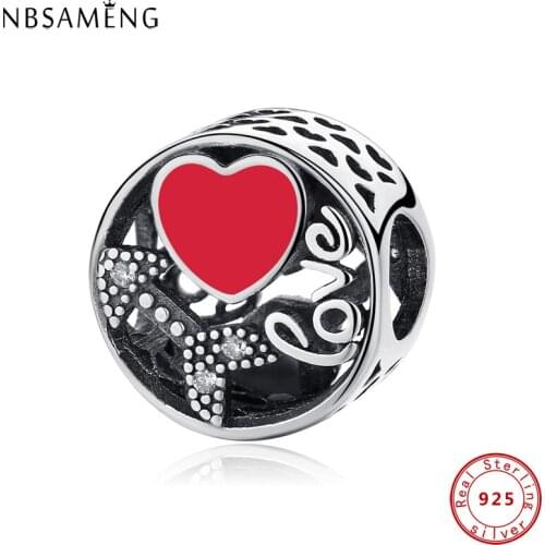 Authentic 925 Sterling Silver Bead Red Heart With Crystal Arrow Pattern Charms Fit Original Bracelets Women DIY Jewelry