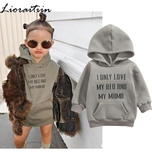 Lioraitiin 0-6Years Toddler Baby Girl Casual Dress Long Sleeve Letter Printed Hooded Pullover Pocket Grey Outwear