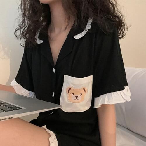 Qweek Womens Pajamas Suits with Shorts Korean Style Bear Embroidered Lapel Pijamas Summer Night Home Suit Room Wear Pyjamas
