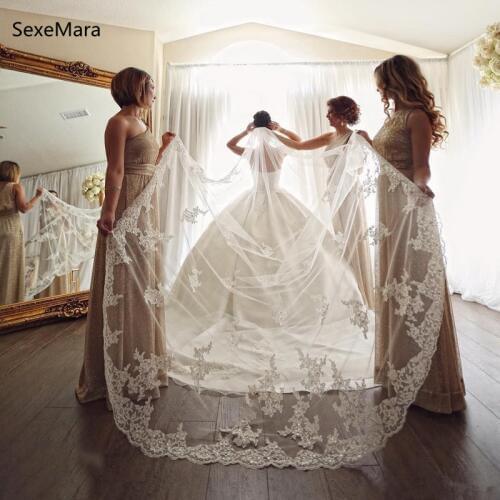 Romantic Luxury Wedding Veil Lace Beaded Applique One Tier 3 meters Long Bridal Veil with Comb White Ivory Wedding Accessory