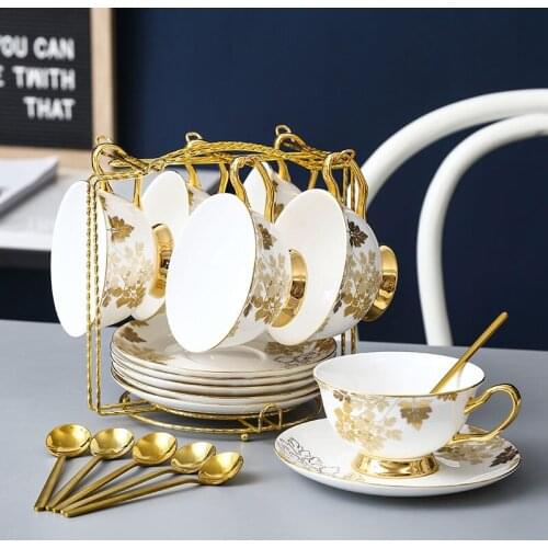 Luxury Coffee Set Golden Bone China Tea Cup Set English Afternoon Cups And Saucers Porcelain Coffee Flower Tea Party Sets