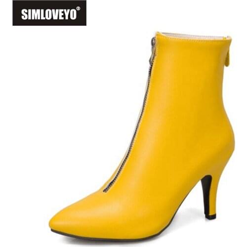SIMLOVEYO 2021 Sexy Ladies Mid Calf Boots Zip Retro Pointed Toe Thin Heel Short Plush 8CM US19 Red Blue Black Yellow White A4509