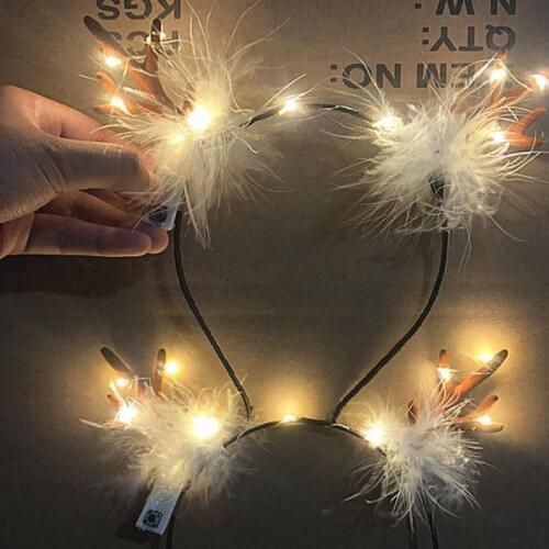 LED Fluffy Feather Antlers Headband Christmas Glowing Light Up Flashing Deer Ears Hairband Fancy Cosplay Party Decor + Battery