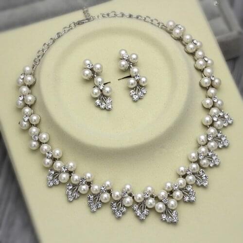 Dark Silver Plated Ivory Pearl and Rhinestone Crystal Wedding Necklace and Earrings Jewelry Sets