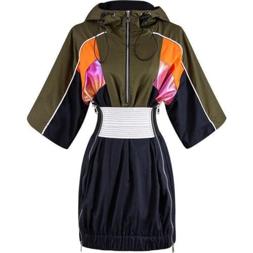 YuerWang Women Dress Corset Dress Hooded Patchwork Drawstring Short Sleeve Zipper Ladies Dress High Waist Vintage Dresses