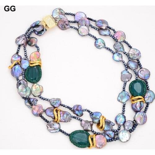 GuaiGuai Jewelry 20'' 3 Strands Black Keshi Pearl Green Cat Eye Necklace