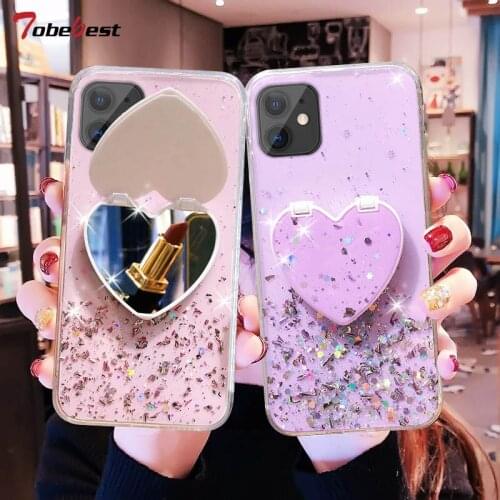 Heart Mirror Sequins Glitter Phone Case For iPhone 12 Mini 11 Pro X XS Max XR 8 7 6S 6 Plus Soft Silicone Transparent Cover