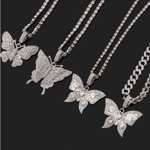 Iced out Bling Big Butterfly Pendant Necklace For Women Luxury Full Rhinestone Tennis Chain Choker Necklace 2021 Fashuin Jewelry