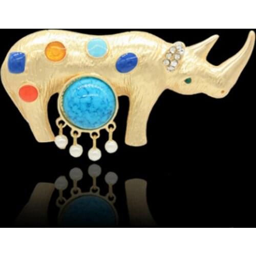 Zlxgirl colorful reson stone rhinoceros animal brooches jewelry for men couple gifts fashion Dubai gold alloy wedding scarf pins
