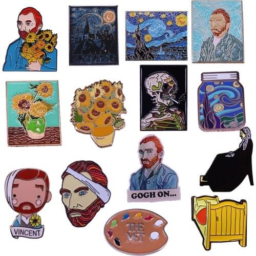 Van Gogh Famous Painting Enamel Pin Sunflower Starry Night Brooch Self-portrait Smoking Skull Badge Great Artist Collection