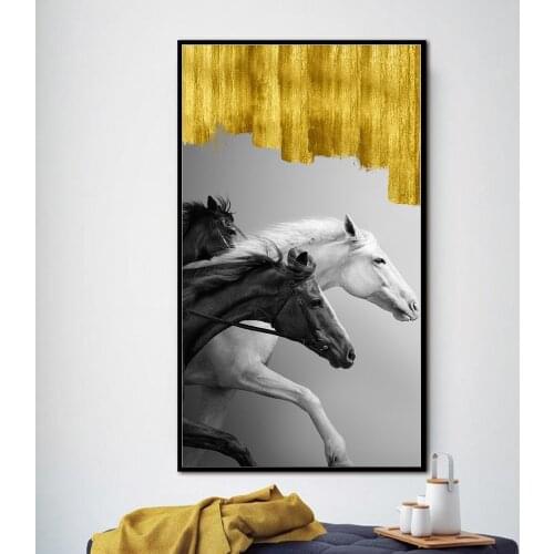 Golden Larger Original Running Horse Oil Paintings Wall Art Colorful Animal Posters Wall Picture For Living Room Home Decor