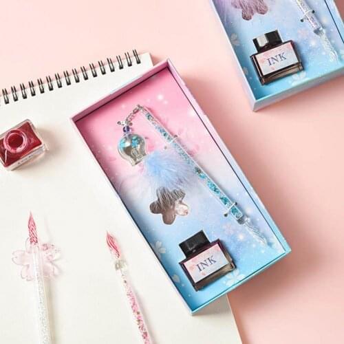 1 Set Lightweight Dip Pen Filling Ink Easy to Carry Wind Chime Pendant Washable Creative Crystal Glass Dip Pen School Supplies